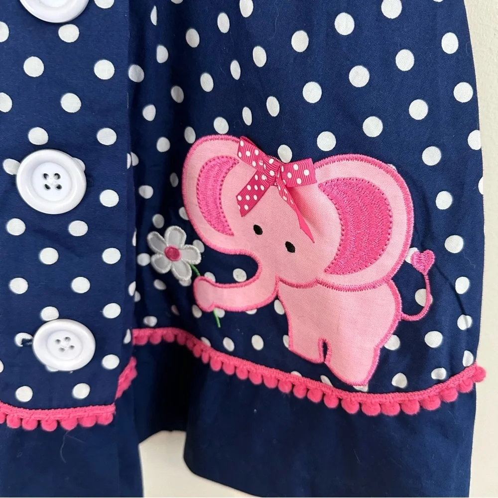 Bonnie Jean Toddler Girls Navy Polka Dot Elephant /Daisy Dress Size 2T